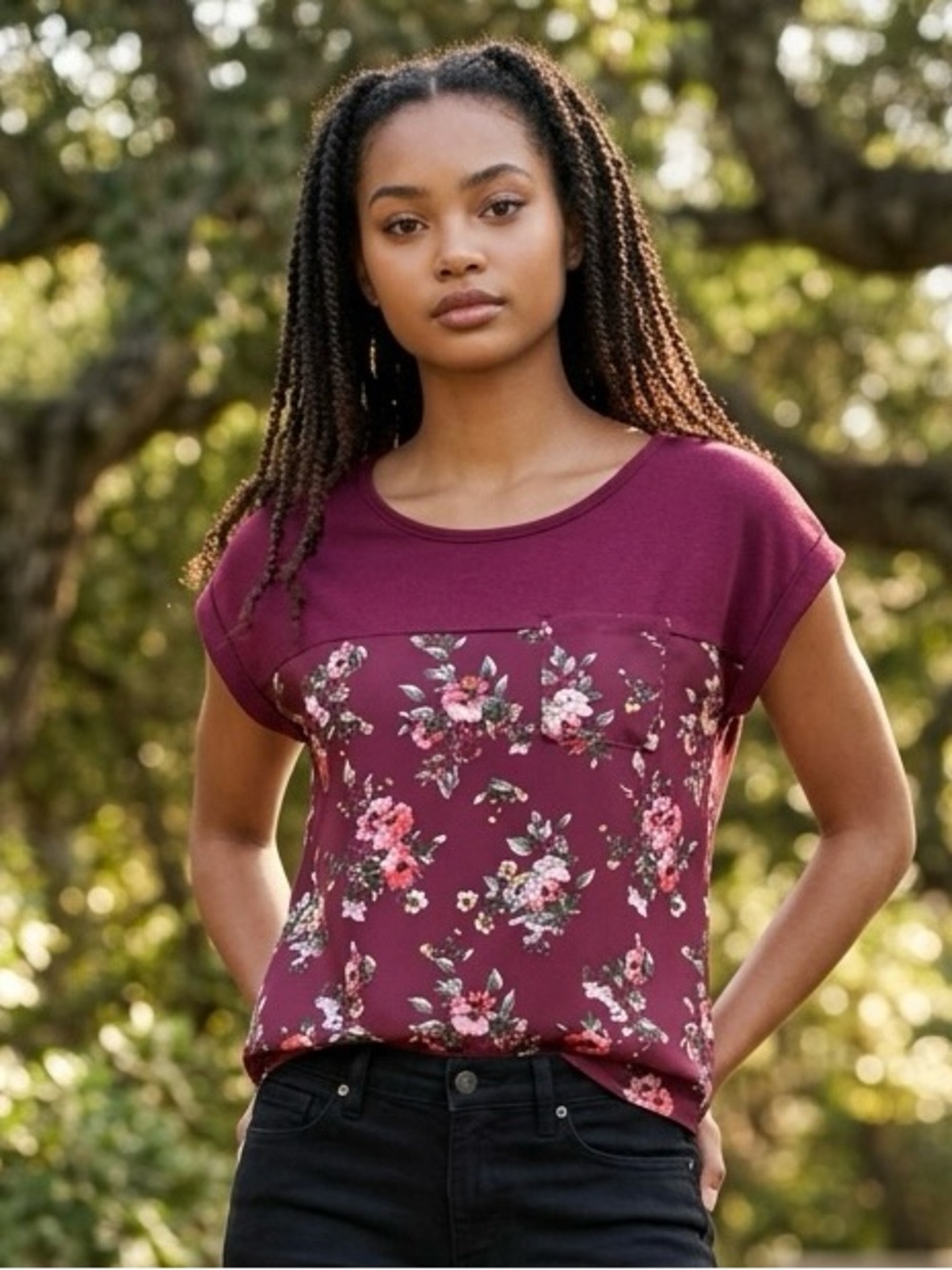 Mason & Belle Mixed Media Floral Top | Burgundy | Size S
